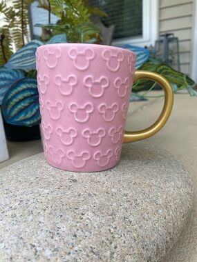 Disney Pink Ceramic Mug with Gold Handle and Embossed Mickey Pattern